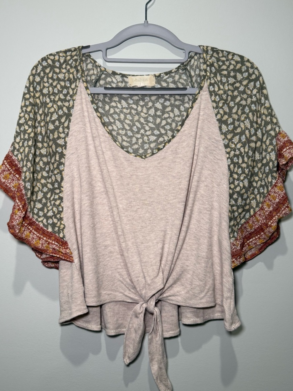 Altar'd State Blush Tie-Front Top with Olive Floral Kimono Sleeves